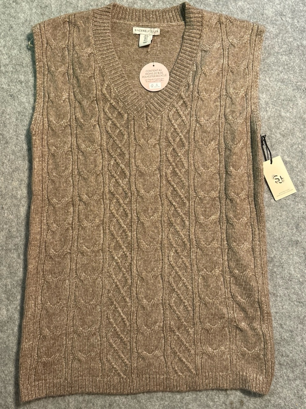 Sincerly Jules Taupe Cable Knit V-Neck Sweater Vest